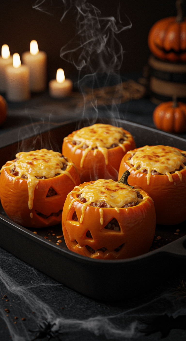 A beautiful, rustic baking dish of homemade, spooky Jack-o'-Lantern Stuffed Peppers, with gooey, melted cheese oozing out of their carved faces.