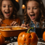 A child's eyes are wide with delight looking at a single, spooky, and cheesy Jack-o'-Lantern Stuffed Pepper on a plate at a Halloween dinner.