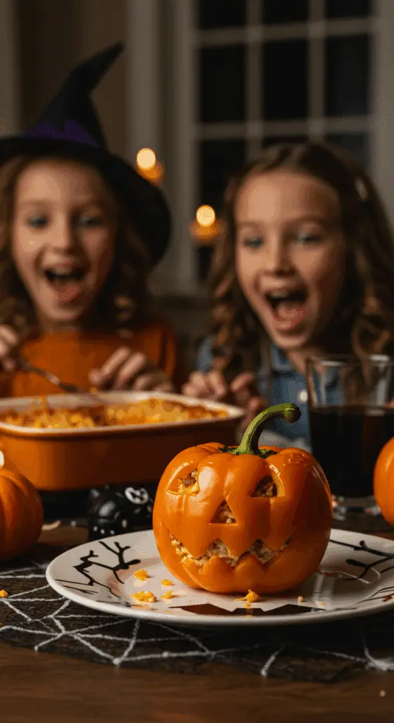 A child's eyes are wide with delight looking at a single, spooky, and cheesy Jack-o'-Lantern Stuffed Pepper on a plate at a Halloween dinner.