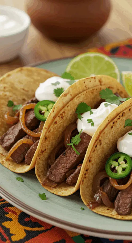 A beautiful platter of three homemade, from-scratch Cilantro Beef Tacos, topped with fresh cilantro and sour cream.