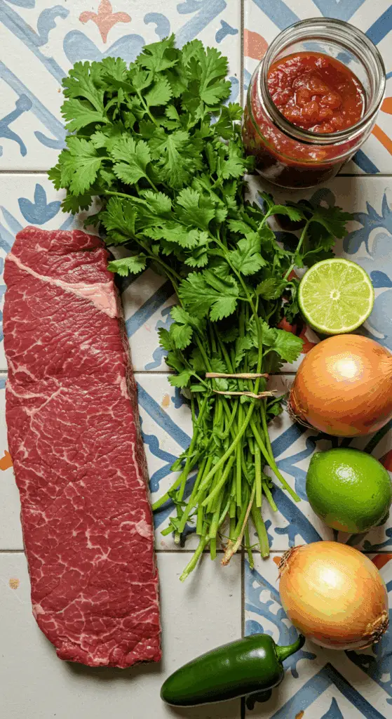 The simple, fresh ingredients for the easy and quick Cilantro Beef Tacos recipe.