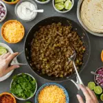 A beautiful and fun "build your own" taco bar with a large skillet of homemade cilantro beef and a variety of fresh toppings.