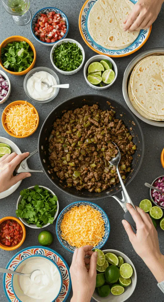 A beautiful and fun "build your own" taco bar with a large skillet of homemade cilantro beef and a variety of fresh toppings.