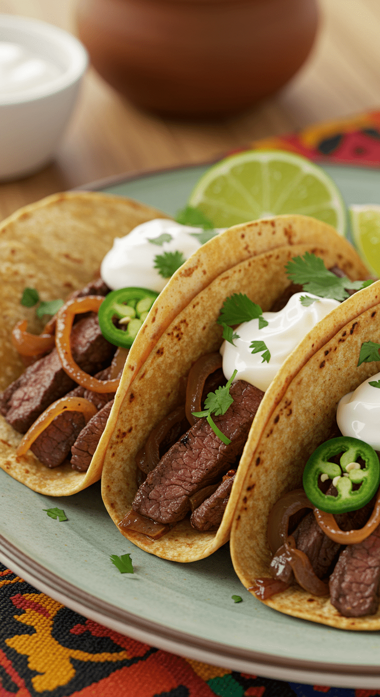 A beautiful platter of three homemade, from-scratch Cilantro Beef Tacos, topped with fresh cilantro and sour cream.