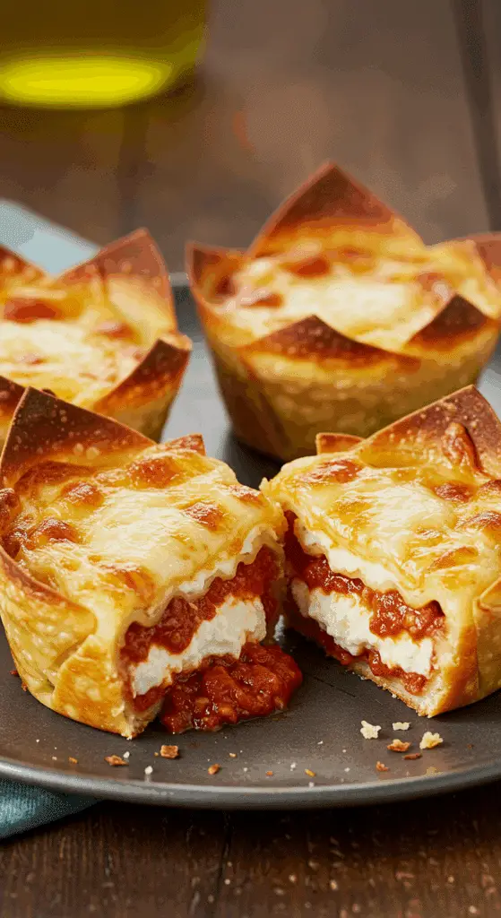 A beautiful, rustic platter of homemade, cheesy Lasagna Cups, with one cut to show the creamy, layered interior.
