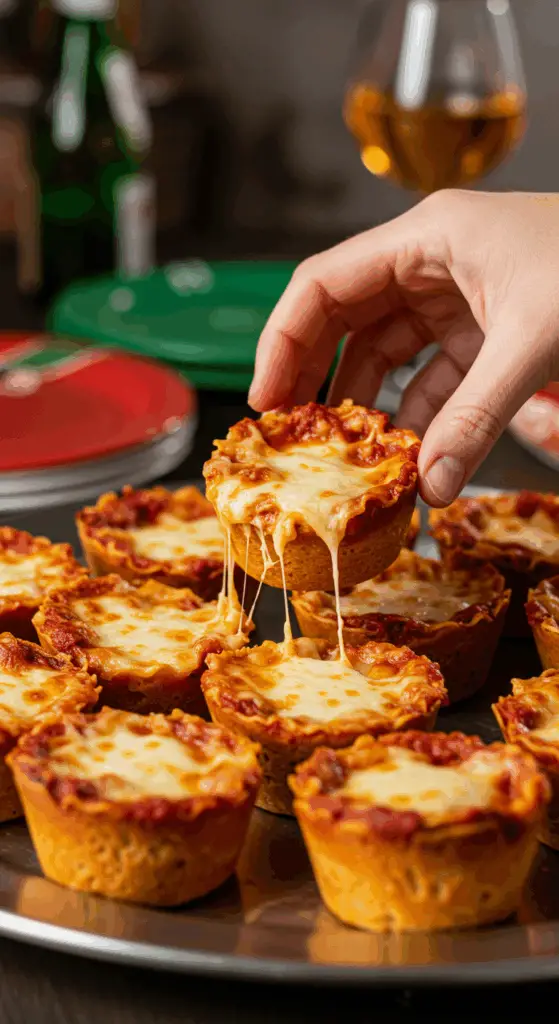 A large platter of homemade, cheesy Lasagna Cups being served as an appetizer at a fun and casual party.