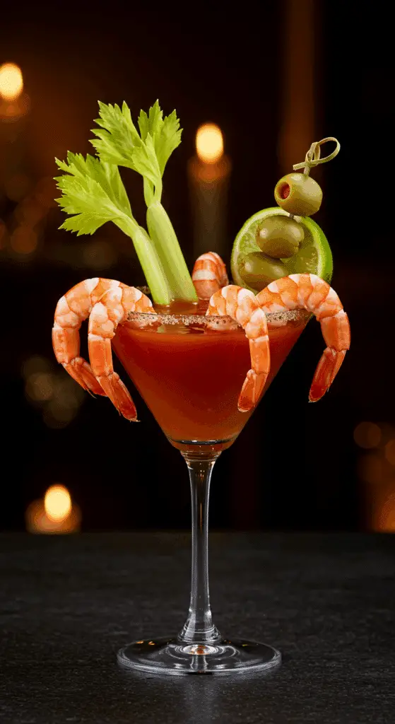 A beautiful, elegant martini glass of a homemade, spicy Bloody Mary Shrimp Cocktail, with large, plump shrimp hooked over the rim and garnished with a celery stalk and olives.