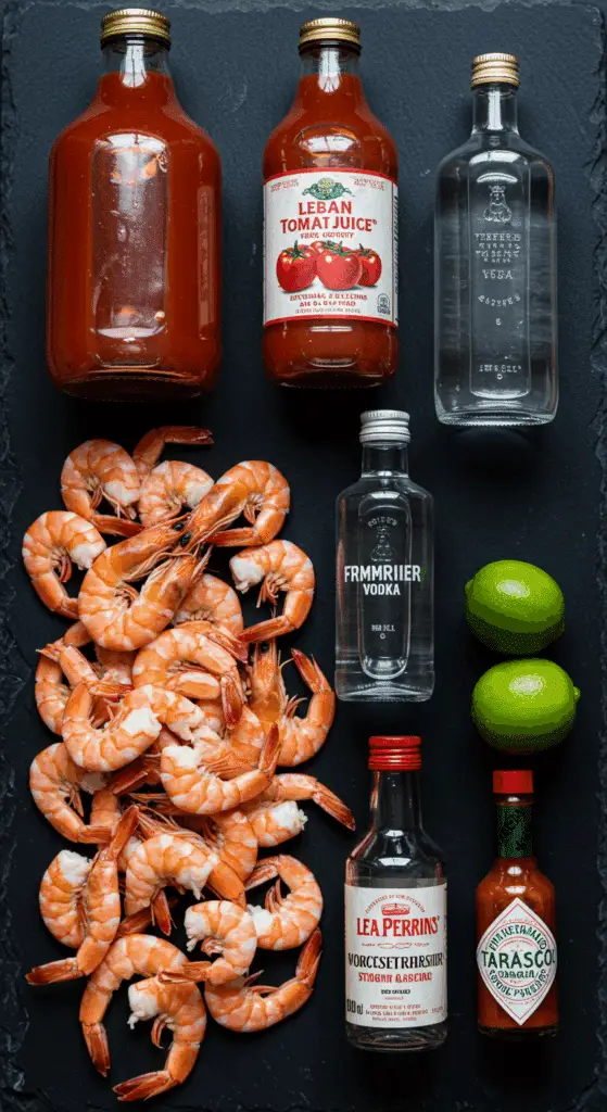The simple, from-scratch ingredients for the classic and spicy Bloody Mary Shrimp Cocktail recipe.