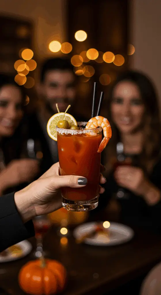 A hand holding an elegant glass of a homemade, spicy Bloody Mary Shrimp Cocktail at a fun and sophisticated holiday party.