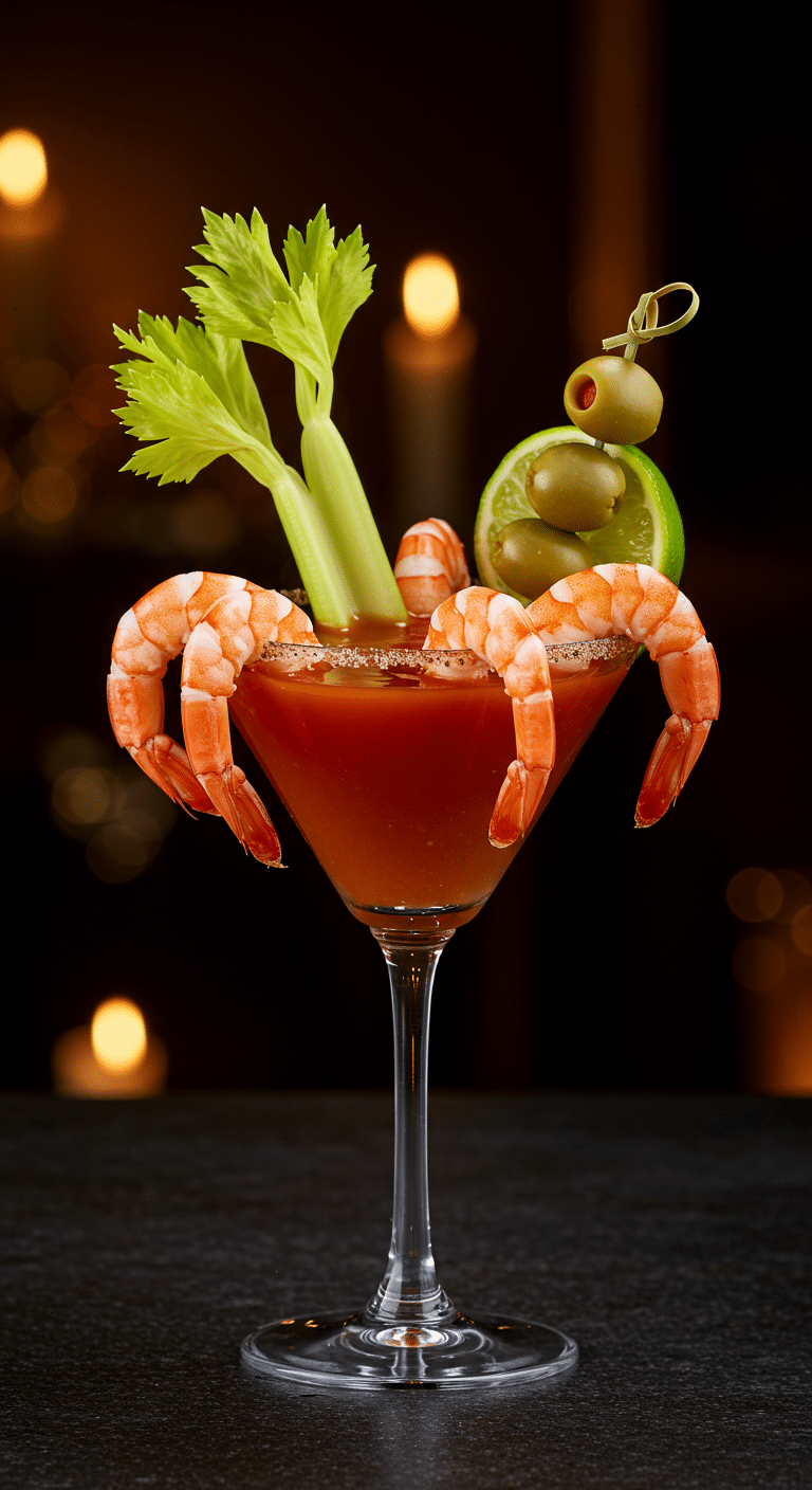 A beautiful, elegant martini glass of a homemade, spicy Bloody Mary Shrimp Cocktail, with large, plump shrimp hooked over the rim and garnished with a celery stalk and olives.