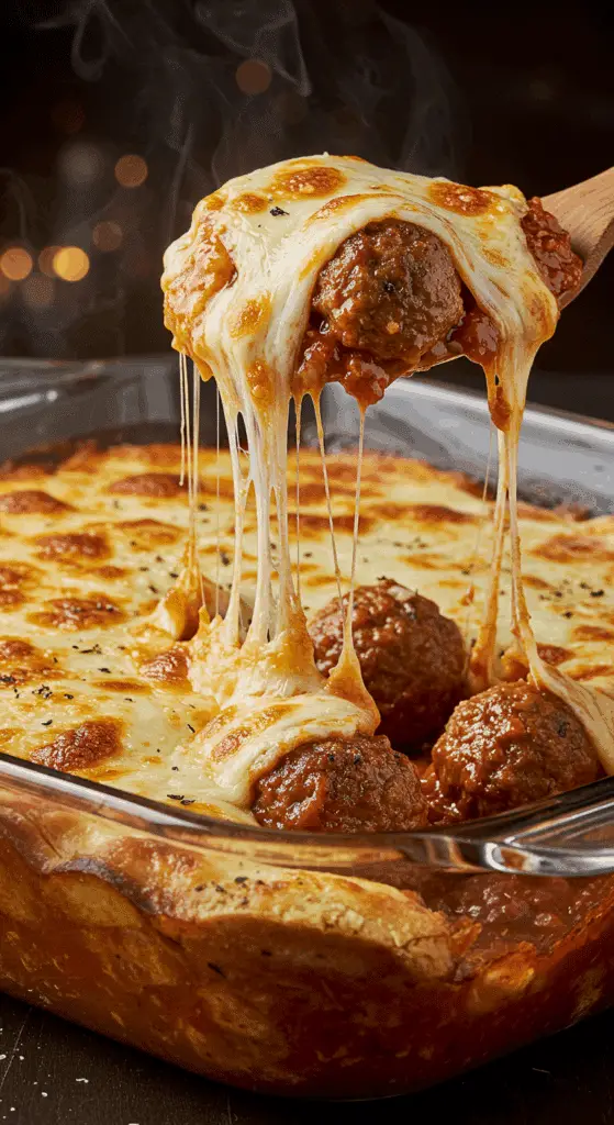 A beautiful, golden-brown homemade Meatball Sub Casserole in a baking dish with a cheesy, saucy scoop removed.