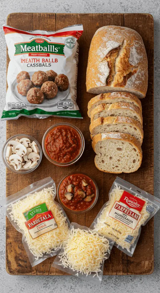 The simple, convenient, store-bought ingredients for the easy and cheesy Meatball Sub Casserole recipe.
