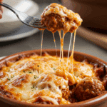 A cozy bowl of homemade, cheesy Meatball Sub Casserole with a golden topping, being served for a family dinner.