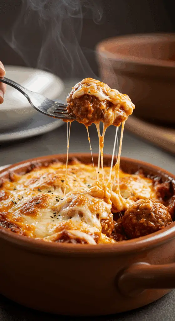 A cozy bowl of homemade, cheesy Meatball Sub Casserole with a golden topping, being served for a family dinner.