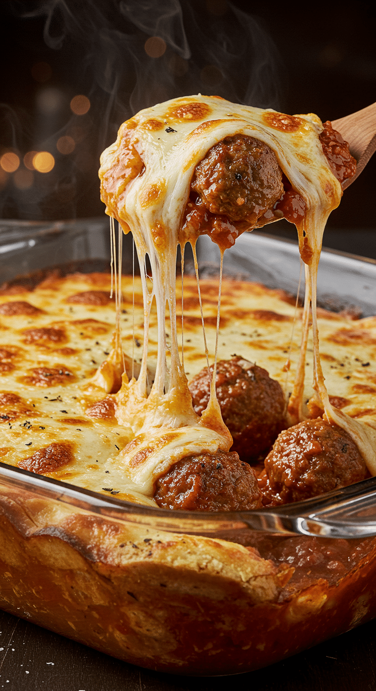 A beautiful, golden-brown homemade Meatball Sub Casserole in a baking dish with a cheesy, saucy scoop removed.
