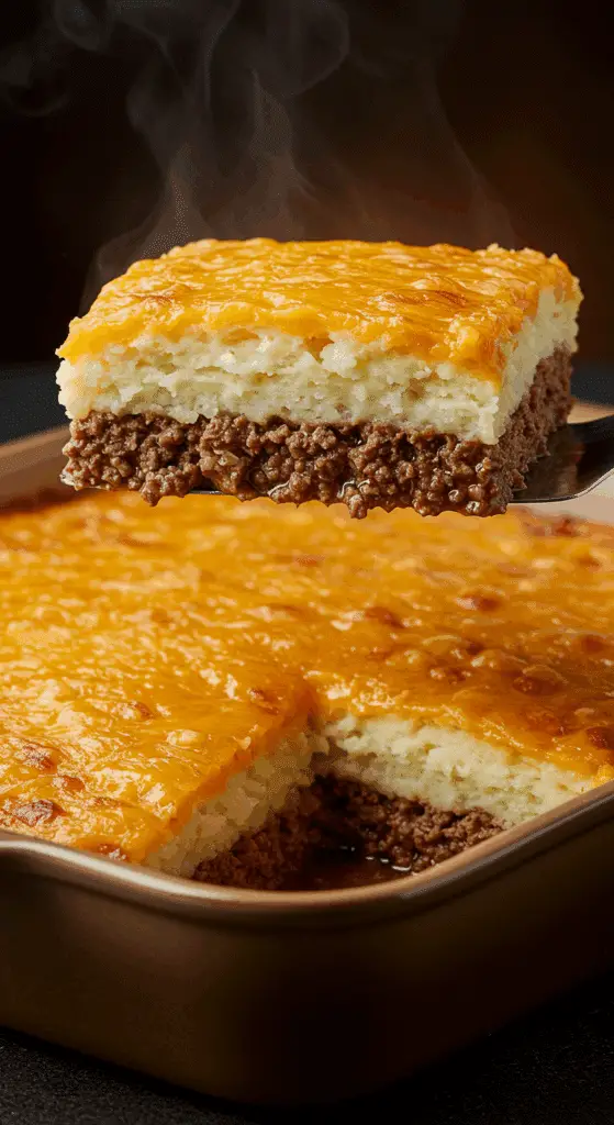 A beautiful, golden-brown homemade Meatloaf and Mashed Potato Casserole in a baking dish with a perfect, cheesy, and multi-layered slice being lifted out.