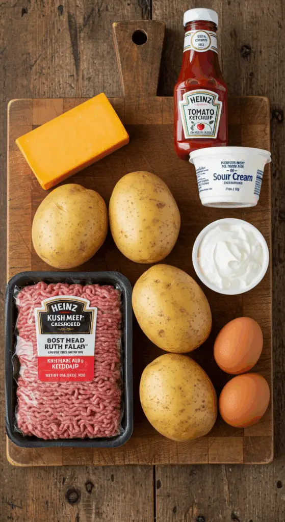 The simple, from-scratch ingredients for the classic and hearty Meatloaf and Mashed Potato Casserole recipe.