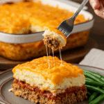 A tall, beautiful slice of homemade, layered Meatloaf and Mashed Potato Casserole being served for a family dinner.