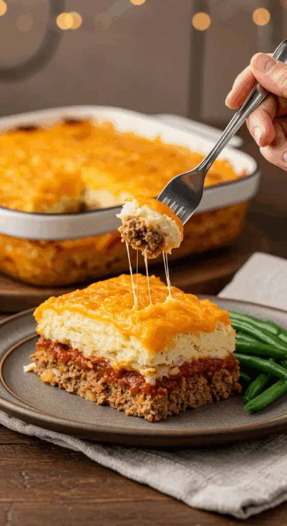 A tall, beautiful slice of homemade, layered Meatloaf and Mashed Potato Casserole being served for a family dinner.