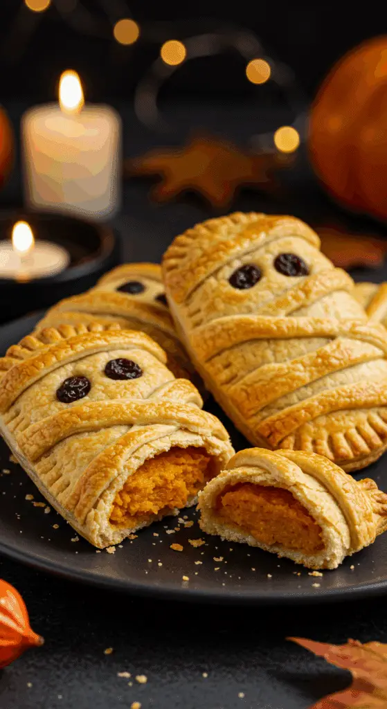 A beautiful, rustic platter of homemade, spooky, and golden-brown Mummy Hand Pies, with one broken to show the creamy, orange pumpkin pie filling.