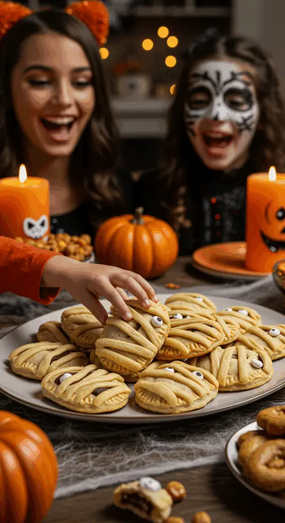 A large platter of homemade, spooky, and adorable Mummy Hand Pies being served at a fun and casual Halloween party.
