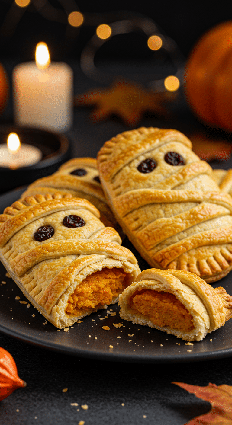A beautiful, rustic platter of homemade, spooky, and golden-brown Mummy Hand Pies, with one broken to show the creamy, orange pumpkin pie filling.