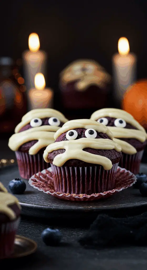 A beautiful, rustic platter of homemade, spooky, and adorable Blueberry Mummy Muffins, with creamy, white, cream cheese frosting "bandages" and cute blueberry eyes.