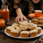 A large platter of homemade, spooky, and adorable Mummy Muffins being served at a fun and casual Halloween party.
