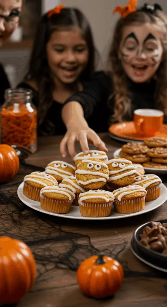 A large platter of homemade, spooky, and adorable Mummy Muffins being served at a fun and casual Halloween party.