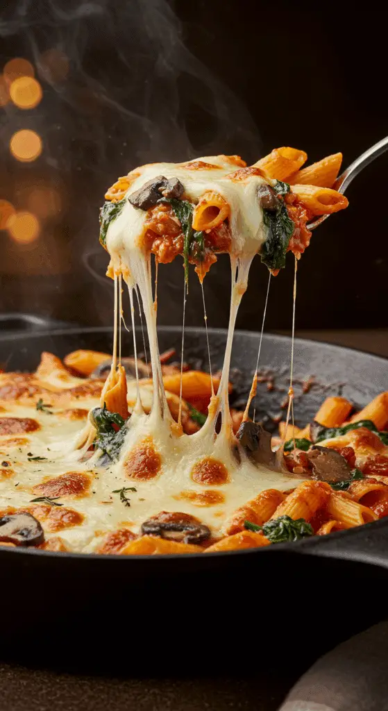 A beautiful, golden-brown homemade Mushroom and Spinach Pasta Bake in a cast-iron skillet with a cheesy, colorful, and hearty scoop being lifted out to show an epic cheese pull.