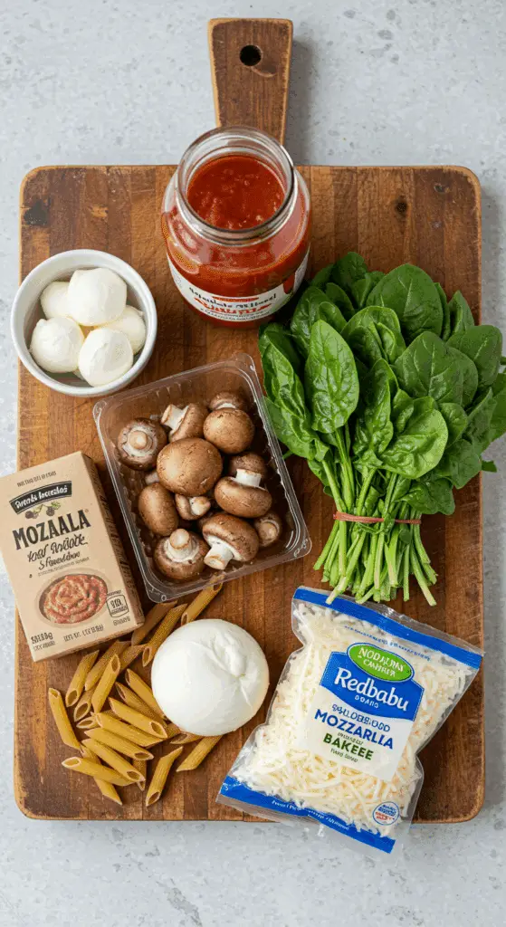 The simple, from-scratch ingredients for the easy and cheesy Mushroom and Spinach Pasta Bake.