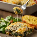 A beautiful, cheesy slice of homemade Mushroom and Spinach Pasta Bake being served with a side of Caesar salad and garlic bread for a family dinner.