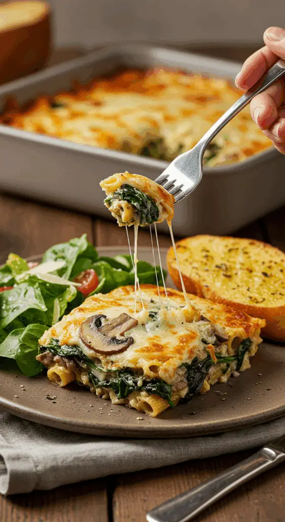 A beautiful, cheesy slice of homemade Mushroom and Spinach Pasta Bake being served with a side of Caesar salad and garlic bread for a family dinner.