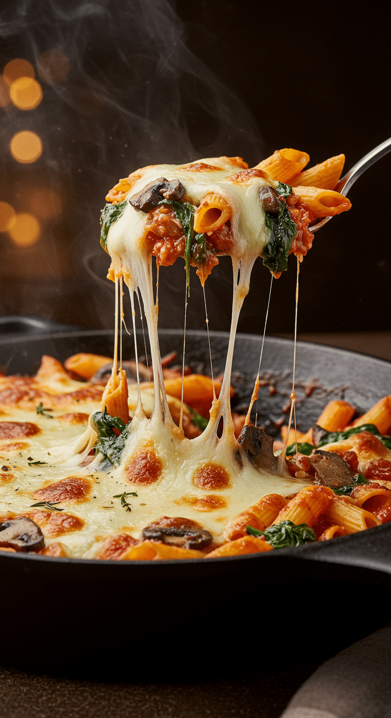 A beautiful, golden-brown homemade Mushroom and Spinach Pasta Bake in a cast-iron skillet with a cheesy, colorful, and hearty scoop being lifted out to show an epic cheese pull.