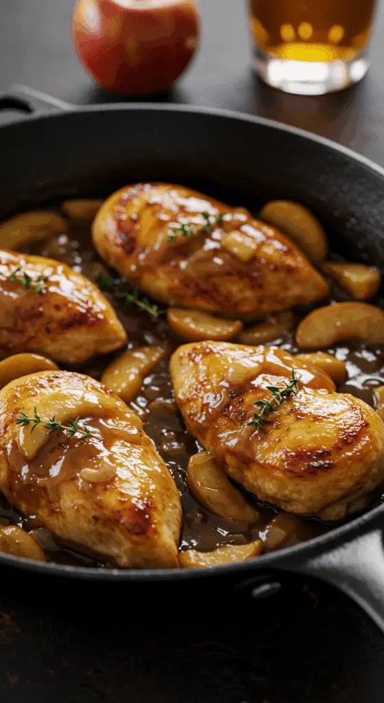 A beautiful, rustic cast-iron skillet of homemade, golden-brown Apple Cider Chicken smothered in a rich, glossy apple cider gravy.