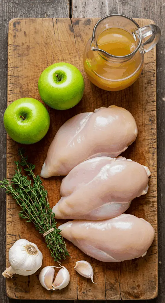 The fresh, from-scratch ingredients for the classic and easy Apple Cider Chicken recipe.