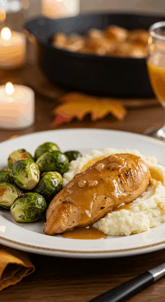 A classic dinner plate with a serving of homemade, saucy Apple Cider Chicken, served with mashed potatoes and Brussels sprouts.