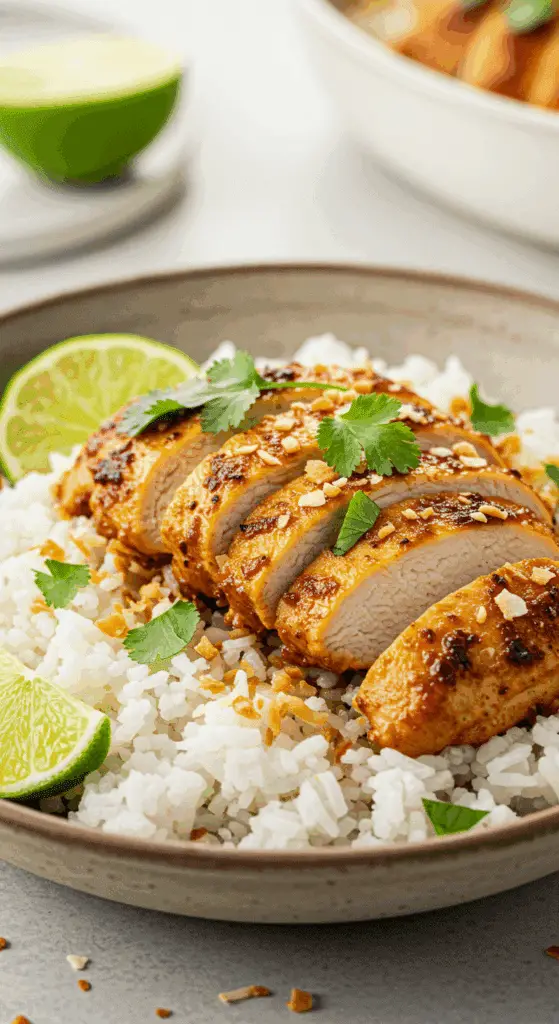 A beautiful, rustic bowl of homemade, creamy One-Pan Coconut Chicken and Rice, with juicy, sliced, seared chicken and garnished with cilantro and lime.