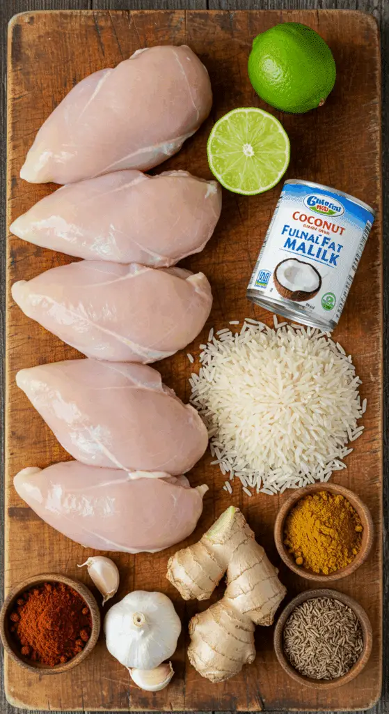 The simple, fresh ingredients for the classic and creamy One-Pan Coconut Chicken and Rice recipe.