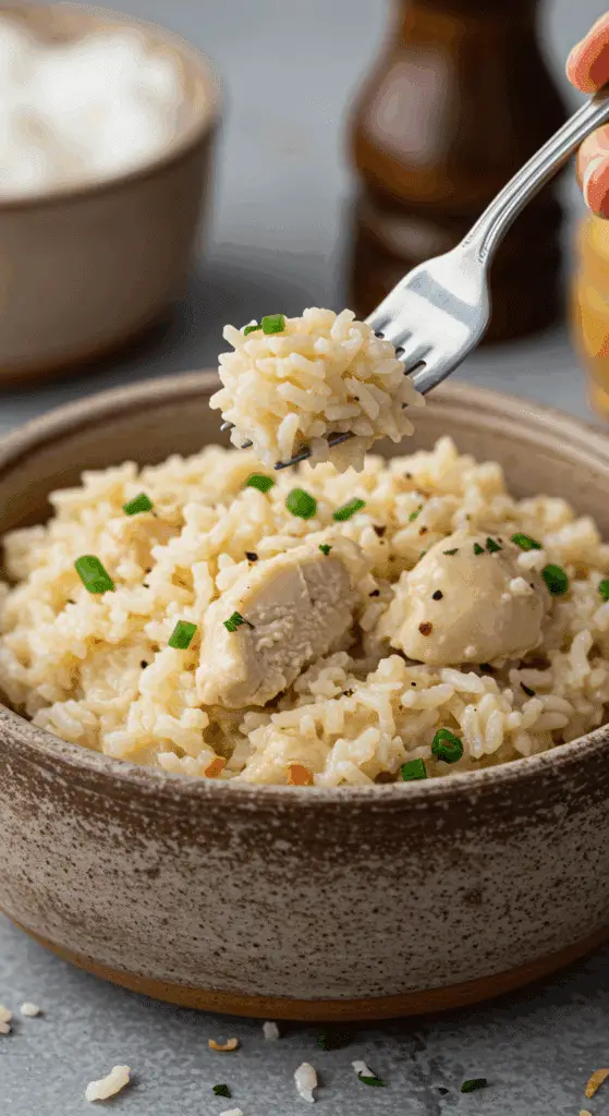 A cozy bowl of homemade, creamy Coconut Chicken and Rice being served for a casual family dinner.
