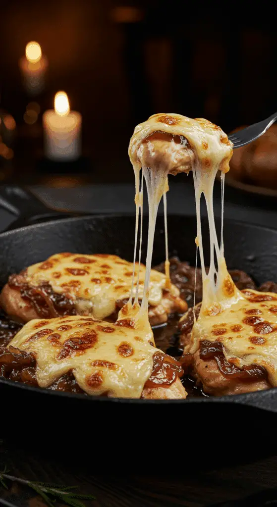 A beautiful, rustic cast-iron skillet of homemade, cheesy French Onion Chicken, with a thick, golden-brown, broiled Gruyère cheese topping and an epic cheese pull.