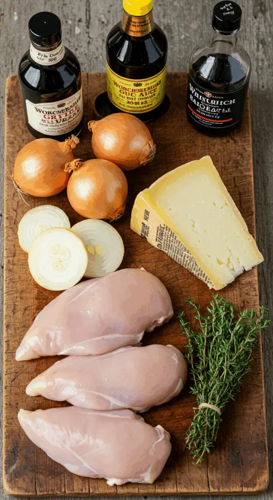 The simple, from-scratch ingredients for the classic and cheesy French Onion Chicken recipe.