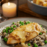 A cozy plate of homemade, cheesy French Onion Chicken being served over a bed of wild rice and peas for a casual family dinner.