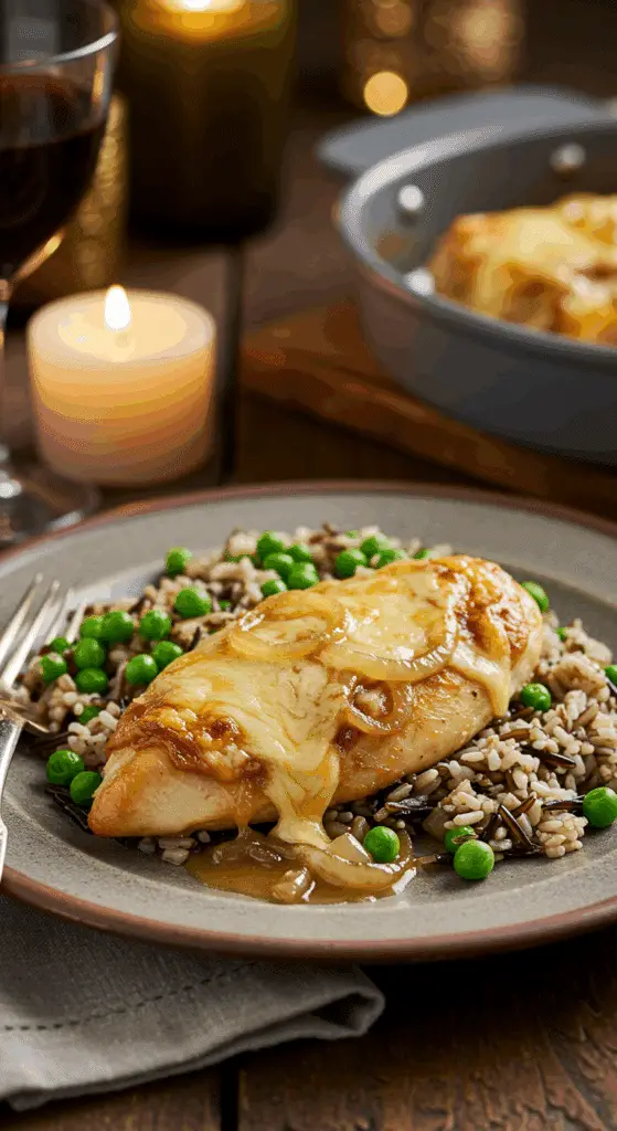 A cozy plate of homemade, cheesy French Onion Chicken being served over a bed of wild rice and peas for a casual family dinner.