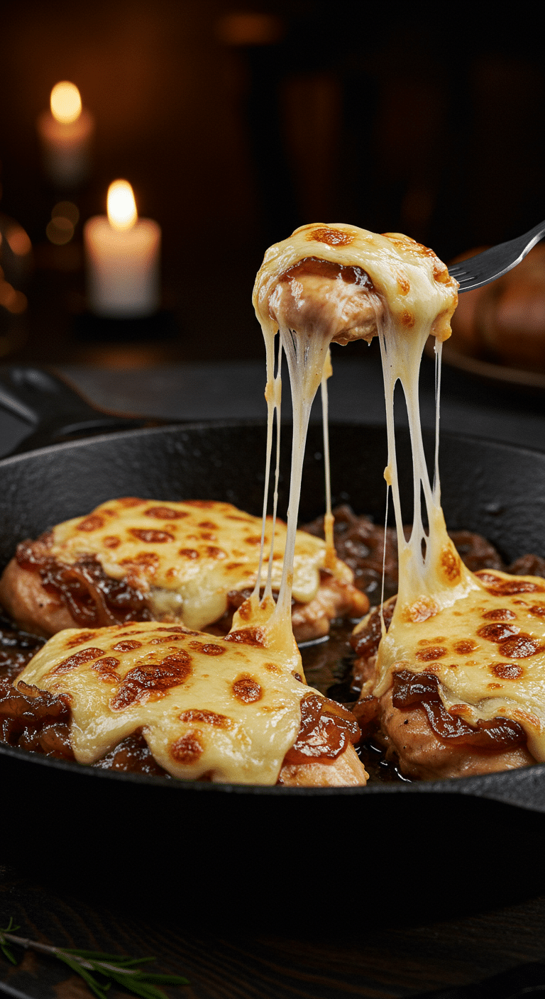 A beautiful, rustic cast-iron skillet of homemade, cheesy French Onion Chicken, with a thick, golden-brown, broiled Gruyère cheese topping and an epic cheese pull.