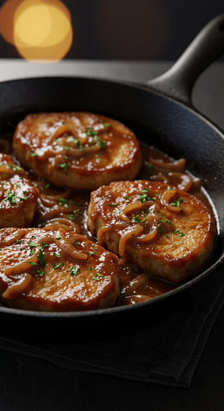 A beautiful, rustic cast-iron skillet of homemade, golden-brown Saucy Pork Chops smothered in a rich, brown gravy.