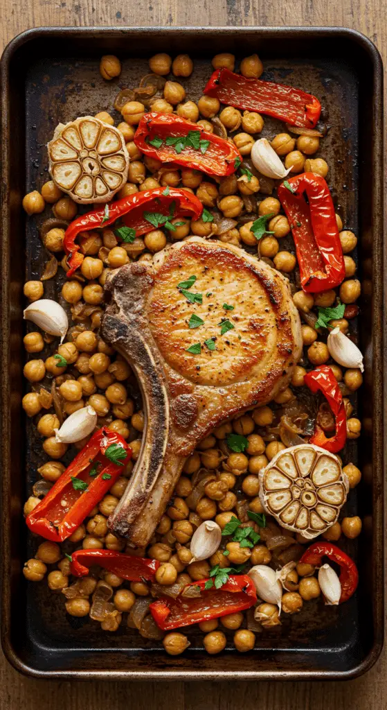 A beautiful, overhead shot of a homemade, one-pan Sheet Pan Pork Chop dinner with a hearty, roasted chickpea and pepper hash.