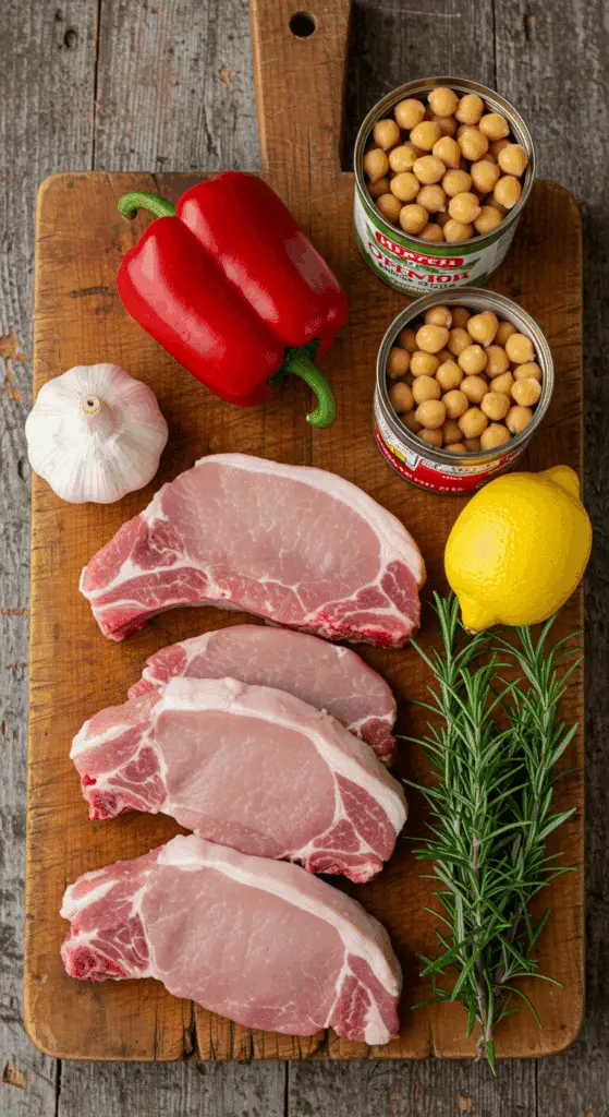 The simple, fresh ingredients for the healthy, from-scratch Sheet Pan Rosemary-Garlic Pork Chops recipe.