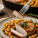 A cozy plate of a homemade, broiled Rosemary-Garlic Pork Chop with a hearty chickpea hash, being served for a family dinner.