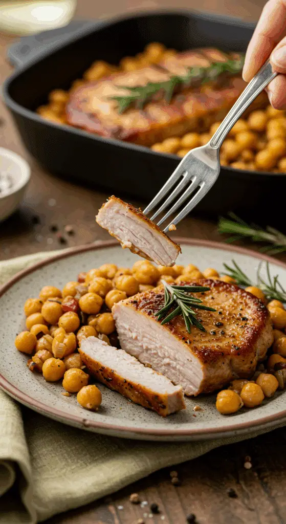 A cozy plate of a homemade, broiled Rosemary-Garlic Pork Chop with a hearty chickpea hash, being served for a family dinner.